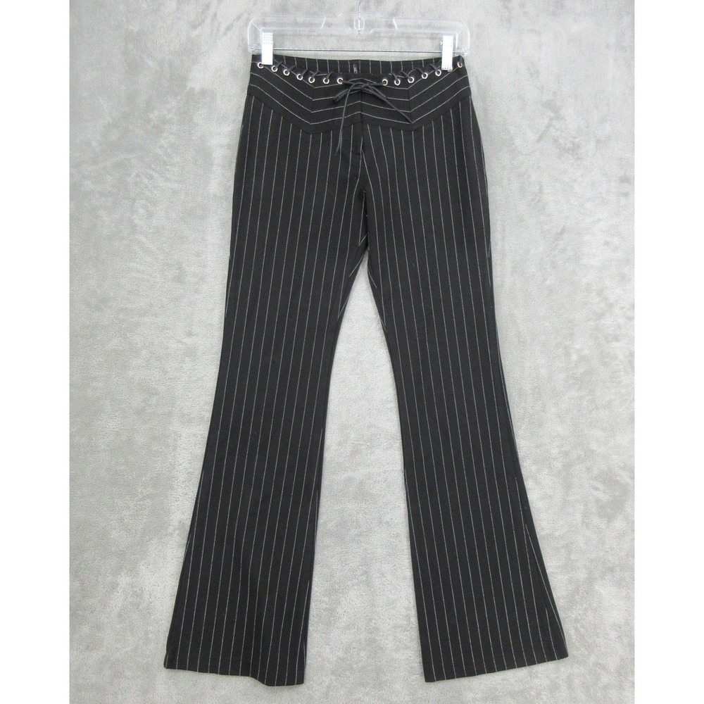 VTG Bebe Pants Womens Size S Black Pinstripe Y2K Lace Up Low Rise Flare Tie